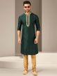 Dark Green Colour Banarasi Silk Fabric Mens Kurta Pajama.