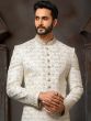 White Embroidered Groom Sherwani In Art Silk