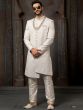 White Embroidered Asymmetric Sherwani Set In Art Silk