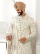 Cream Embroidered Art Silk Sherwani For Men