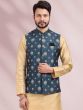 Beige Art Silk Kurta Pajama With Blue Jacket