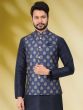 Blue Art Silk Kurta Pyjama With Jacket Set