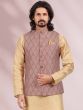 Beige Mens Kurta Pyjama With Printed Jacket