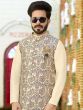 Cream Kurta Pyjama With Printed Jacket Set