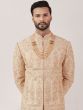 Cream Zardozi Work Sherwani Set In Silk