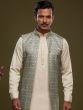 Cream Festive Kurta Pyjama With Printed Jacket