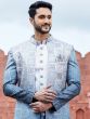 Blue Shaded Embroidered Mens Indo Western