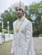 White Floral Thread Embellished Achkan Style Sherwani