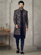Navy Blue Silk Jacketed Style Indowestern In Floral Work