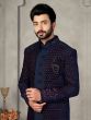 Navy Blue Thread Embroidered Jacketed Indowestern