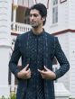 Navy Blue Achkan Styled Mens Embroidered Indowestern