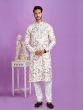White Festive Wear Printed Kurta Pyjama In Cotton