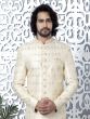 Pastel Cream Mens Indowestern Set In Silk Embroidery