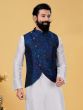 Navy Blue Jacquard Silk Mens Nehru Jacket In Asymmetric Pattern