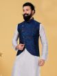 Navy Blue Jacquard Silk Mens Nehru Jacket In Asymmetric Pattern