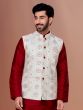 White Embroidered Cotton Silk Mens Nehru Jacket