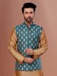 Teal Blue Mens Wear Nehru Jacket With Block Print