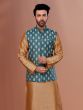 Teal Blue Mens Wear Nehru Jacket With Block Print