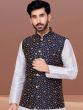 Navy Blue Heavy Embroidered In Floral Pattern Nehru Jacket