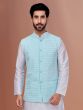 Sky Blue Nehru Jacket In Silk With Thread Embroidery