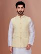 Cream Mens Nehru Jacket In Georgette Silk With Embroidery