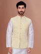 Cream Nehru Jacket In Thread Embroidered For Mens