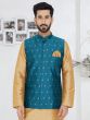 Teal Blue Mens Nehru Jacket In Woven Design