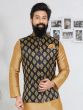 Black Block Pattern Mens Nehru Jacket Brocade Silk