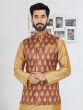 Brown Leaf Pattern Woven Mens Nehru Jacket