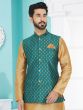 Rama Green Woven Nehru Jacket For Mens