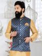 Royal Blue Traditional Woven Nehru Jacket For Mens