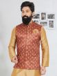 Rust Red Woven Silk Nehru Jacket For Mens