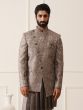 Brown Asymmetric Pattern Mens Indowestern With Draped Indside Kurta