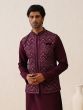 Wine Thread Embroidered Mens Waistcoat Kurta Set In Silk