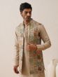 Beige Tradtional Pattern Waistcoat With Kurta Pyjama For Mens