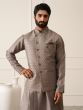 Ash Grey Mens Draped Kurta Set With Uneven Nehru Jacket