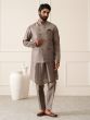 Ash Grey Mens Draped Kurta Set With Uneven Nehru Jacket