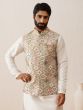 Pearl White Mens Kurta Pyjama Set With Traditional Printed Jacket