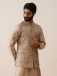 Rosegold Beige Kurta Pyjama Set In Silk With Printed Nehru Jacket