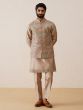 Rosegold Beige Kurta Pyjama Set In Silk With Printed Nehru Jacket