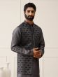 Stone Grey Thread Work Enhanced Mens Kurta Pyjama With Wasitcoat