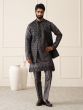 Stone Grey Thread Work Enhanced Mens Kurta Pyjama With Wasitcoat