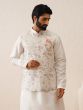 Pearl White Floral Thread Embroidered Kurta Pyjama With Nehru Jacket