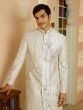 Shell White Zari Embroidered Linear Pattern Mens Sherwani Set