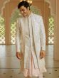 White Anarkali Style Mens Floral Embroidered Double Layered Sherwani