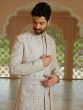 Off White Anarkali Style Mens Wedding Wear Sherwani Set