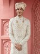 White Heavy Zari Floral Embroidered Mens Anarkali Style Sherwani Set