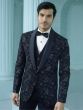 Deep Blue Mens Three Piece Suit In Heavy Floral Embellishment