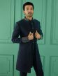 Teal Blue Mens Jacketed Style Indowestern Set With Embroidered Stole