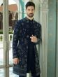 Deep Blue Mens Indowestern Set With Embroidered Open Jacket